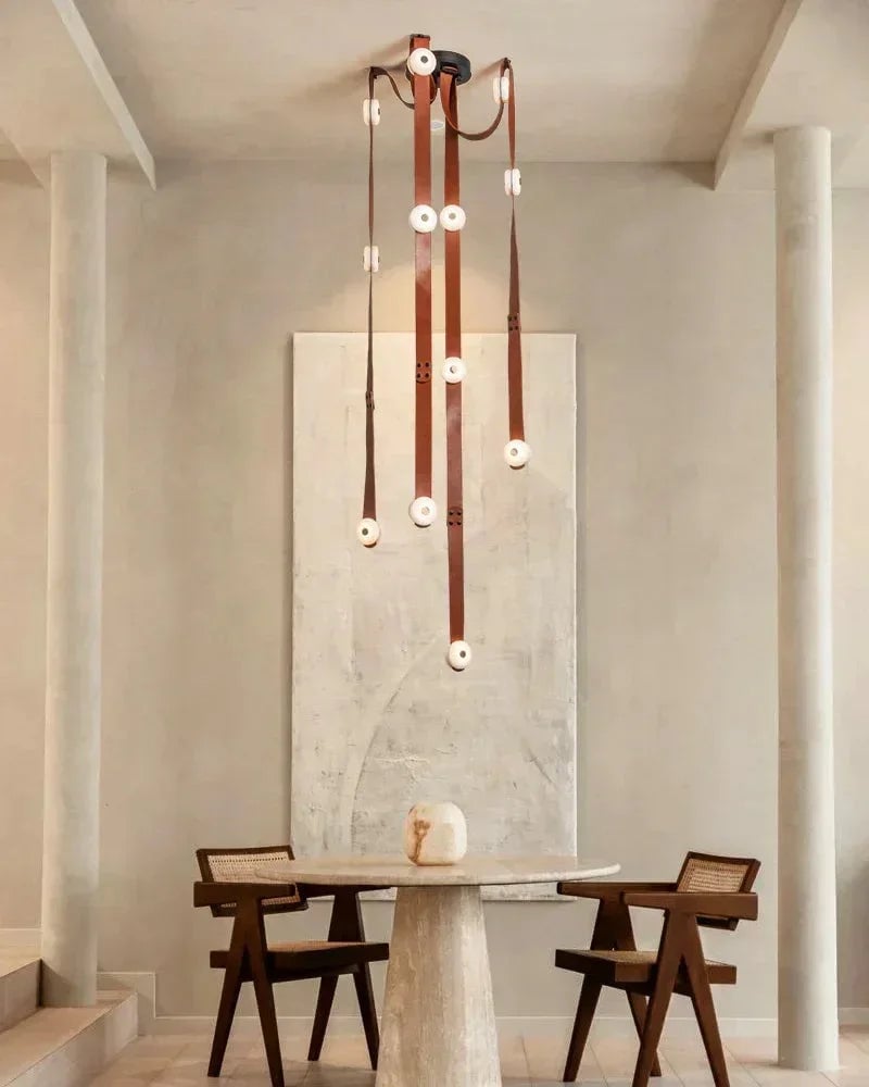 LightsStory Series Ethereal Pendant Light | Hanging Rope Lights Handcrafted white alabaster with fine leather straps, Natural Alabaster and Leather for Modern Living Spaces Modern Pendant lamp