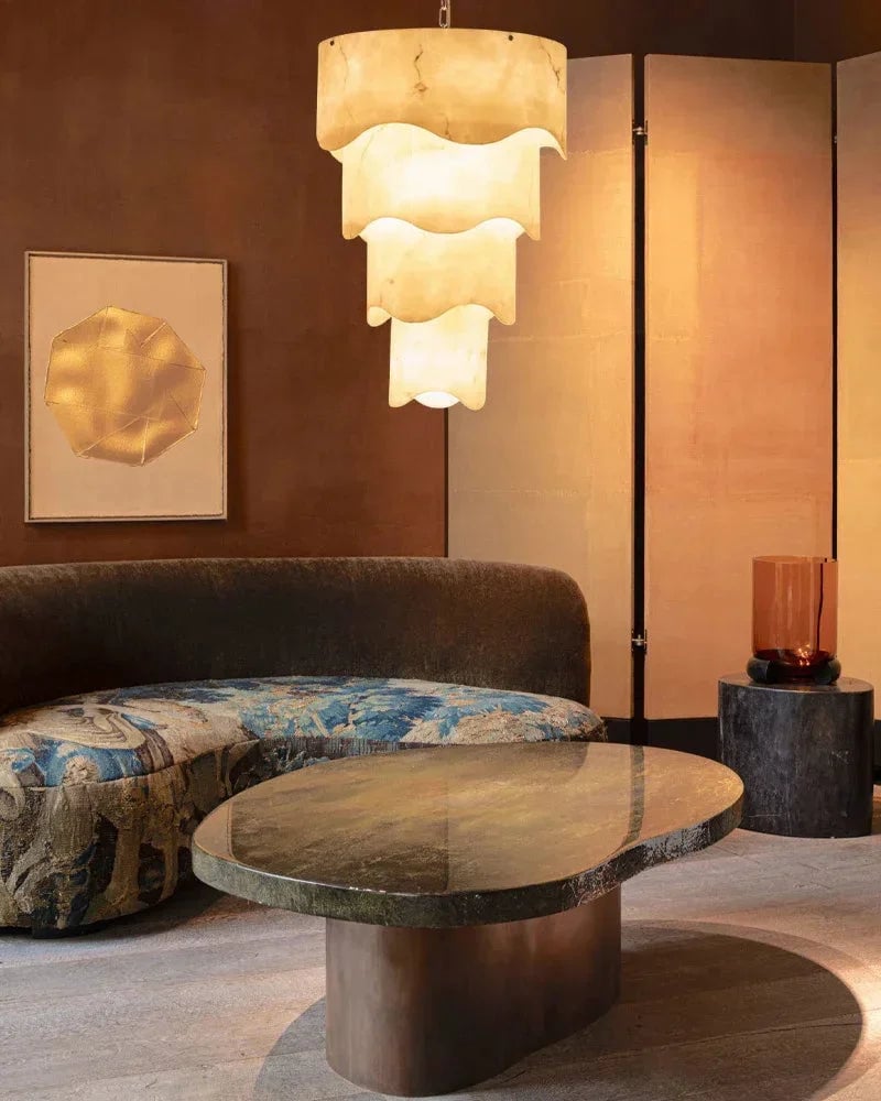 LightsStory Series Ethereal Pendant Light | Layered Hand-carved White Alabaster, Antique Brass finish for Dining Rooms and Kitchen Islands Modern Pendant lamp