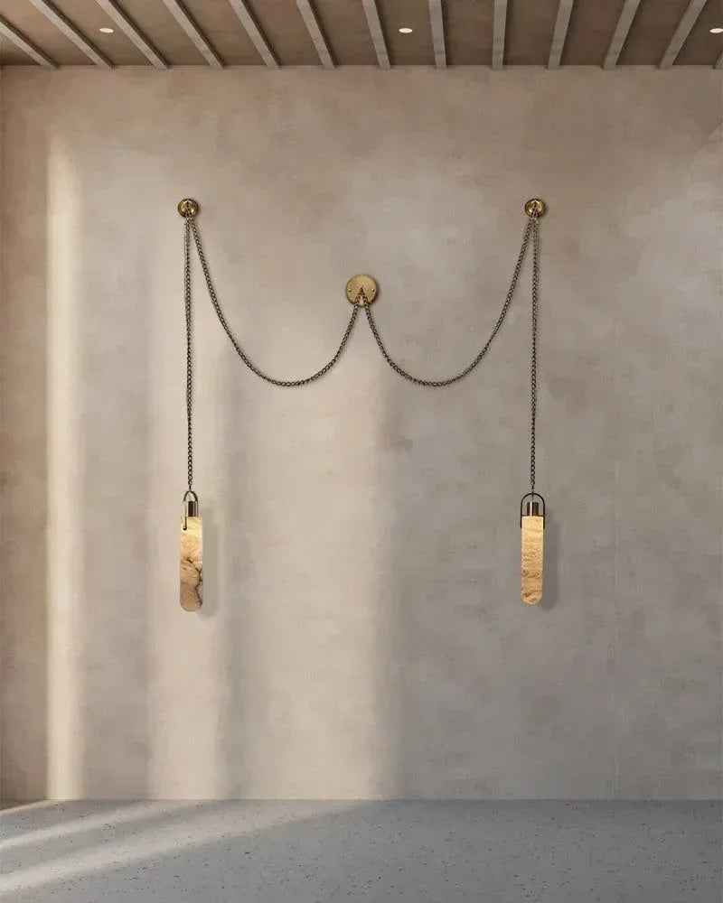 LightsStory Series Ethereal Pendant Light | Multi-Drop Handmade natural mineral Alabaster stone, Aged Brass finish for Bedrooms, hallways, and minimalist studios