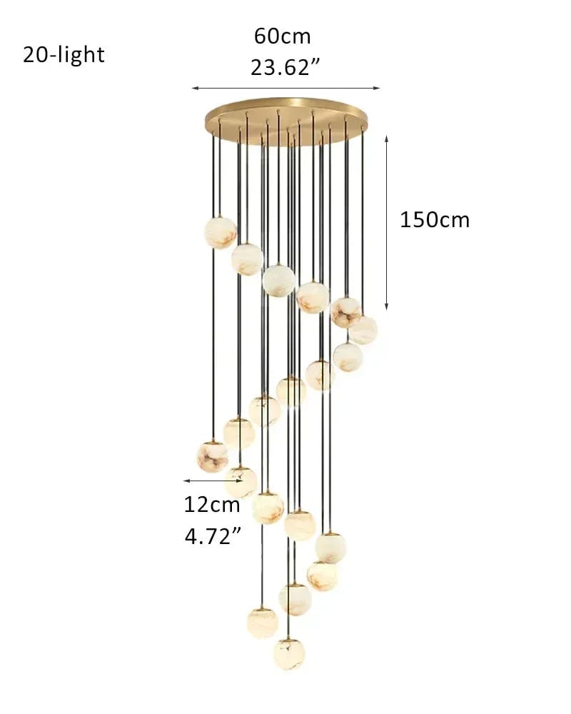 LightsStory Series Ethereal Pendant Light | Organic Cluster Handcrafted Spanish Alabaster, Natural Stone Finish for Staircases, Living Rooms, and Bedrooms 20-light-D12cm D4.72" White + Brass Modern Pendant lamp