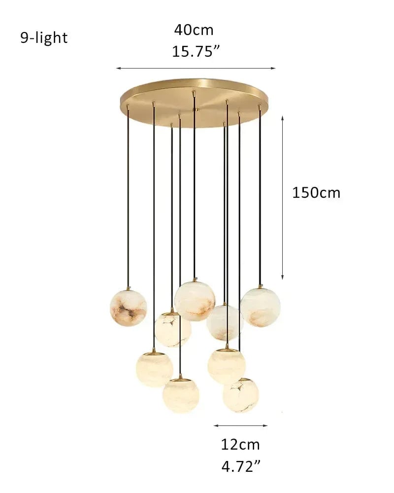 LightsStory Series Ethereal Pendant Light | Organic Curves Handcrafted Spanish Alabaster, Natural Stone Finish for Staircases, Living Rooms, and Bedrooms 9-light-D12cm D4.72" White + Brass Modern Pendant lamp