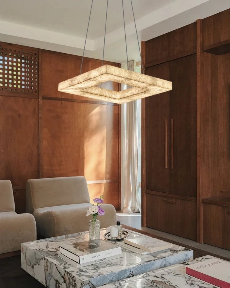 LightsStory Series Ethereal Pendant Light | Triple Ring Hexagon Handcrafted Solid Alabaster and Iron, Refined Iron accents for Living rooms, entryways, and luxe dining spaces Vintage Simple Pendant Lamp