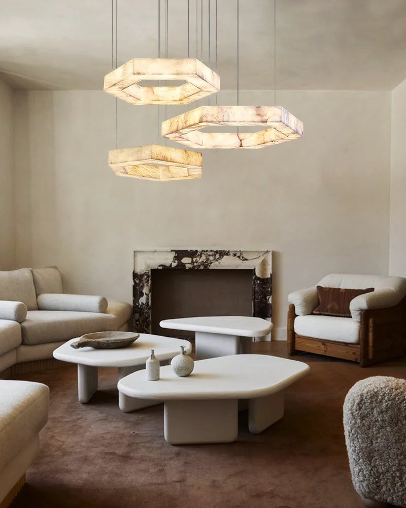 LightsStory Series Ethereal Pendant Light | Triple Ring Hexagon Handcrafted Solid Alabaster and Iron, Refined Iron accents for Living rooms, entryways, and luxe dining spaces Vintage Simple Pendant Lamp