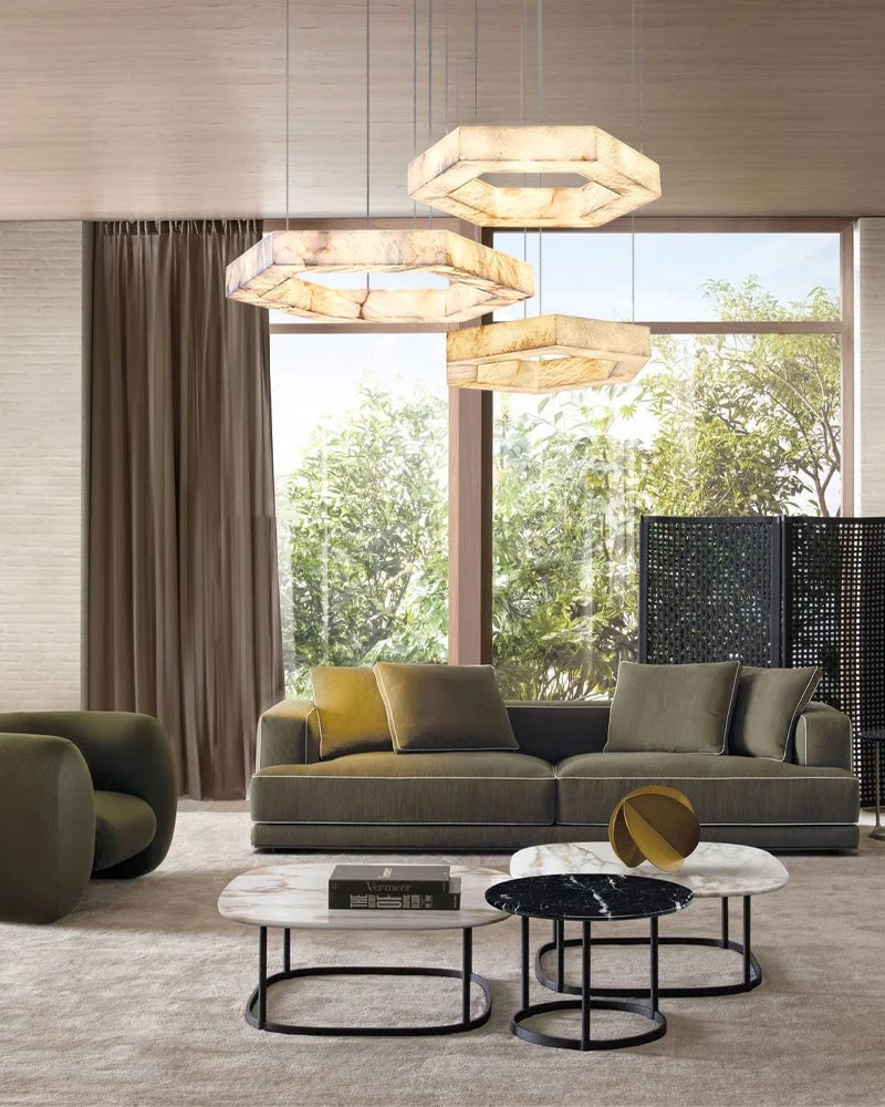 LightsStory Series Ethereal Pendant Light | Triple Ring Hexagon Handcrafted Solid Alabaster and Iron, Refined Iron accents for Living rooms, entryways, and luxe dining spaces Vintage Simple Pendant Lamp