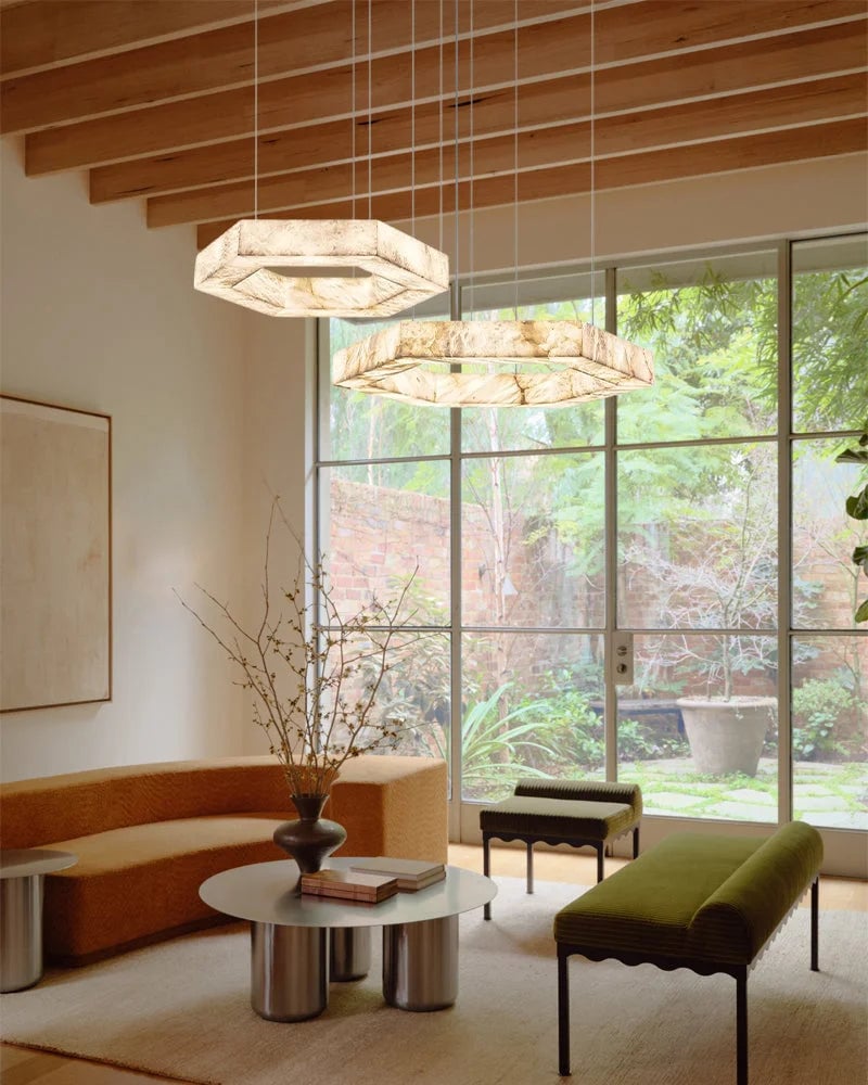 LightsStory Series Ethereal Pendant Light | Triple Ring Hexagon Handcrafted Solid Alabaster and Iron, Refined Iron accents for Living rooms, entryways, and luxe dining spaces Vintage Simple Pendant Lamp