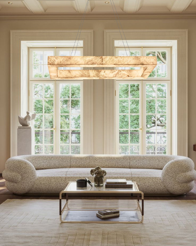 LightsStory Series Ethereal Pendant Light | Triple Ring Hexagon Handcrafted Solid Alabaster and Iron, Refined Iron accents for Living rooms, entryways, and luxe dining spaces Vintage Simple Pendant Lamp