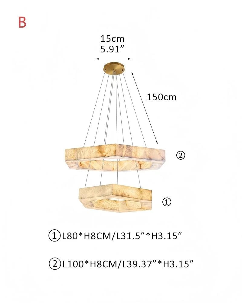 LightsStory Series Ethereal Pendant Light | Triple Ring Hexagon Handcrafted Solid Alabaster and Iron, Refined Iron accents for Living rooms, entryways, and luxe dining spaces L80+L100CM L31.5“+L39.37"-B White + Gold Vintage Simple Pendant Lamp