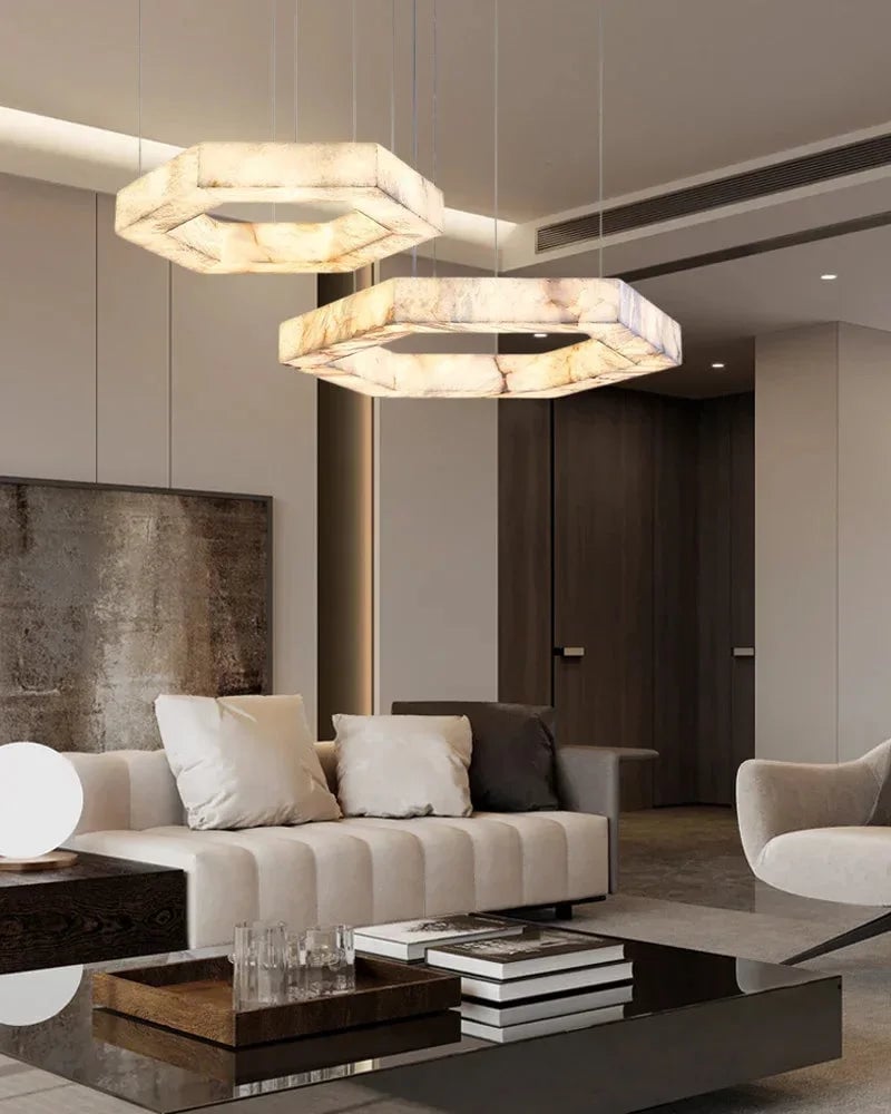 LightsStory Series Ethereal Pendant Light | Triple Ring Hexagon Handcrafted Solid Alabaster and Iron, Refined Iron accents for Living rooms, entryways, and luxe dining spaces Vintage Simple Pendant Lamp