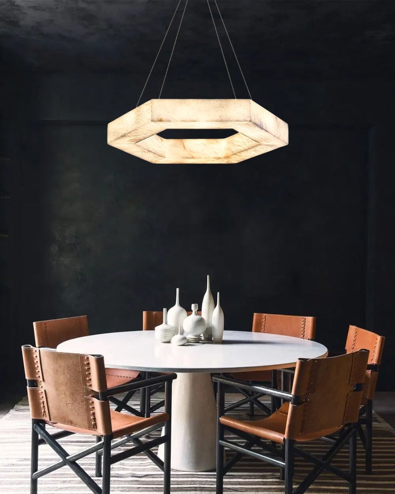 LightsStory Series Ethereal Pendant Light | Triple Ring Hexagon Handcrafted Solid Alabaster and Iron, Refined Iron accents for Living rooms, entryways, and luxe dining spaces Vintage Simple Pendant Lamp