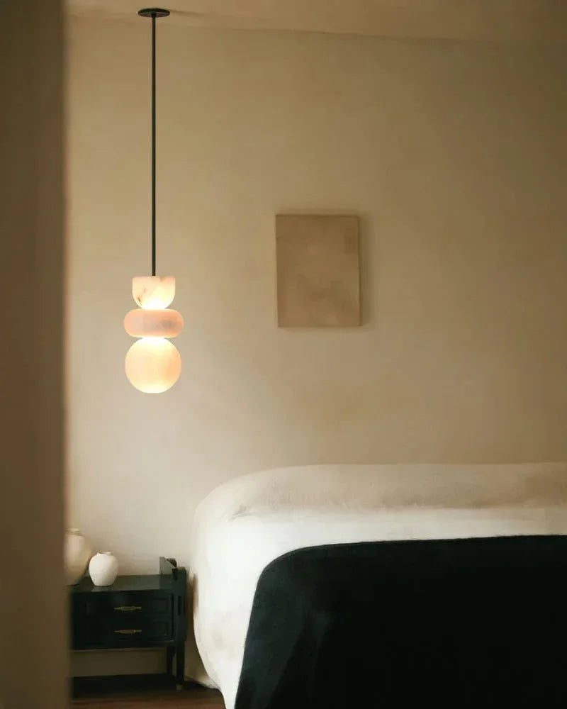 LightsStory Series Ethereal Pendant Light | Wide Round Shade Handcrafted Spanish Stone Warm White Alabaster, Modern Black Cord and Canopy for Bedside, Dining Nooks, and Entryways Modern Pendant lamp