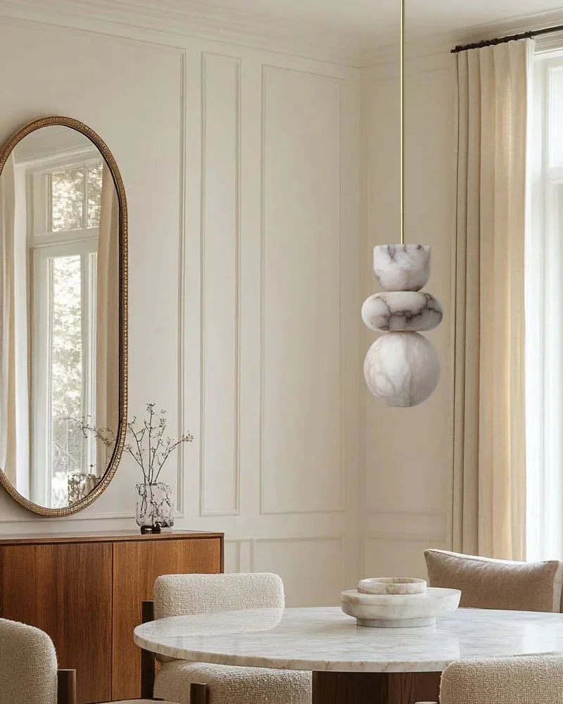 LightsStory Series Ethereal Pendant Light | Wide Round Shade Handcrafted Spanish Stone Warm White Alabaster, Modern Black Cord and Canopy for Bedside, Dining Nooks, and Entryways Modern Pendant lamp