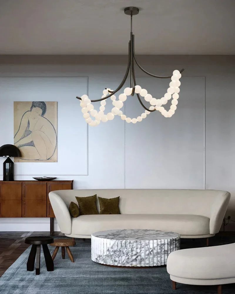 LightsStory Series Ethereal Semi Flush Chandelier | Cluster String Alabaster Beads Genuine Alabaster Beads and Steel Frame, Polished Brass and Black Metal for Living Rooms and Entryways American chandelier