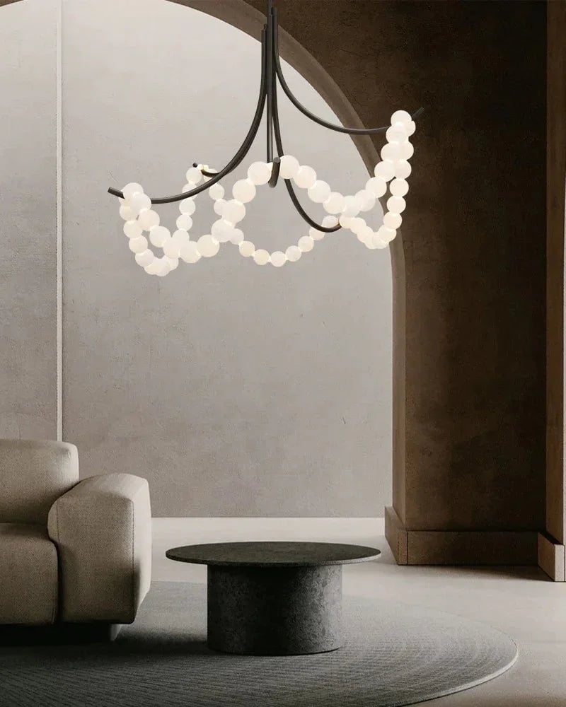 LightsStory Series Ethereal Semi Flush Chandelier | Cluster String Alabaster Beads Genuine Alabaster Beads and Steel Frame, Polished Brass and Black Metal for Living Rooms and Entryways American chandelier