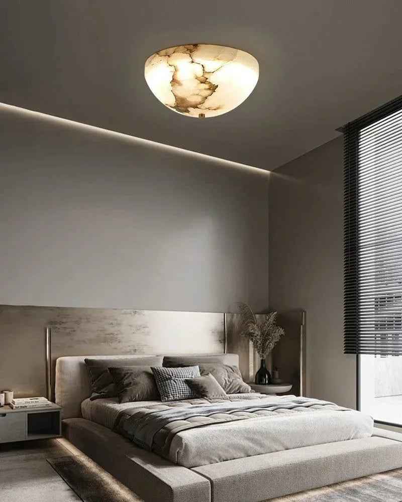 LightsStory Series Ethereal Semi-Flush Ceiling Light | Round Bowl Natural Alabaster Stone, Polished Brass finish for Cozy living rooms, dining areas, or hallways Flush Mounted Ceiling Lamp