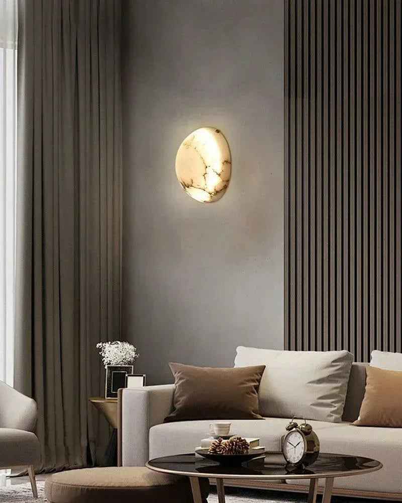 LightsStory Series Ethereal Semi-Flush Ceiling Light | Round Bowl Natural Alabaster Stone, Polished Brass finish for Cozy living rooms, dining areas, or hallways Flush Mounted Ceiling Lamp