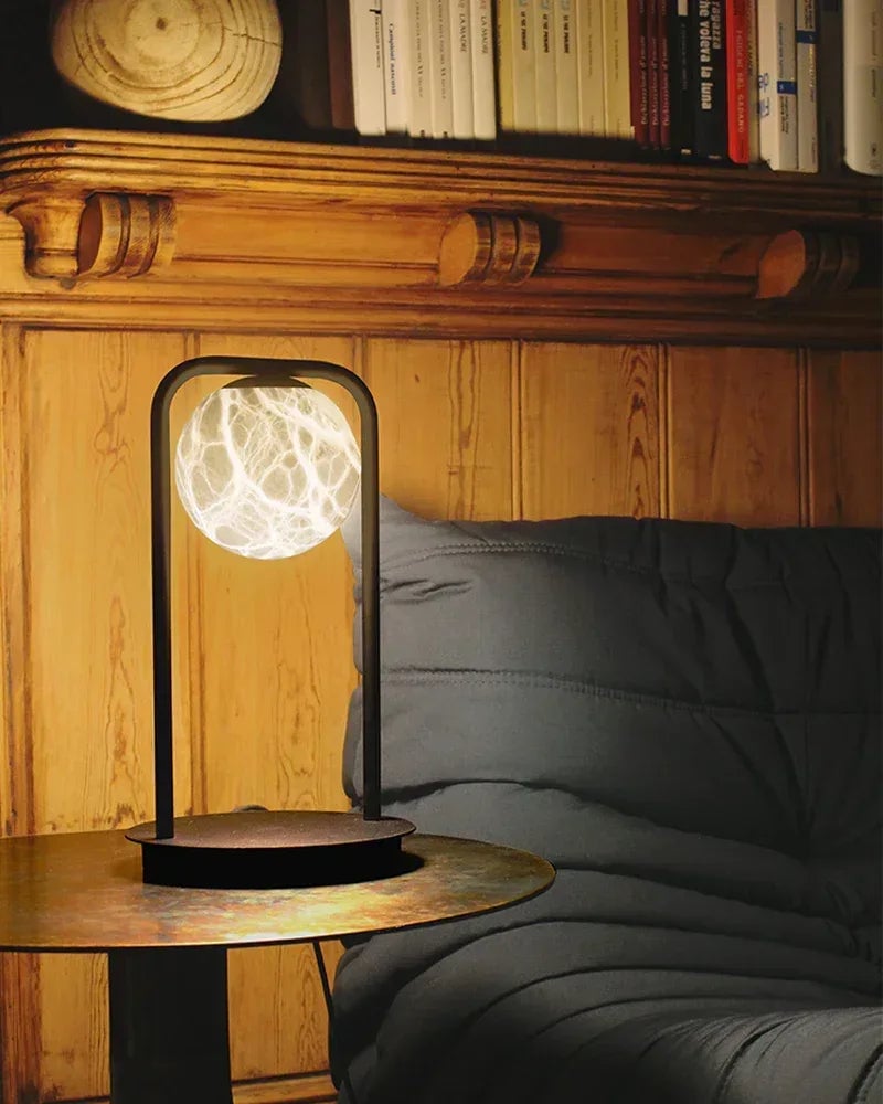 LightsStory Series Ethereal Table Lamp | Alabaster Globe Hand-Carved Natural Alabaster, Antique Black Iron for Bedside Tables and Luxury Studies Modern Table lamp