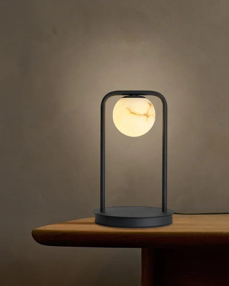 LightsStory Series Ethereal Table Lamp | Alabaster Globe Hand-Carved Natural Alabaster, Antique Black Iron for Bedside Tables and Luxury Studies Modern Table lamp