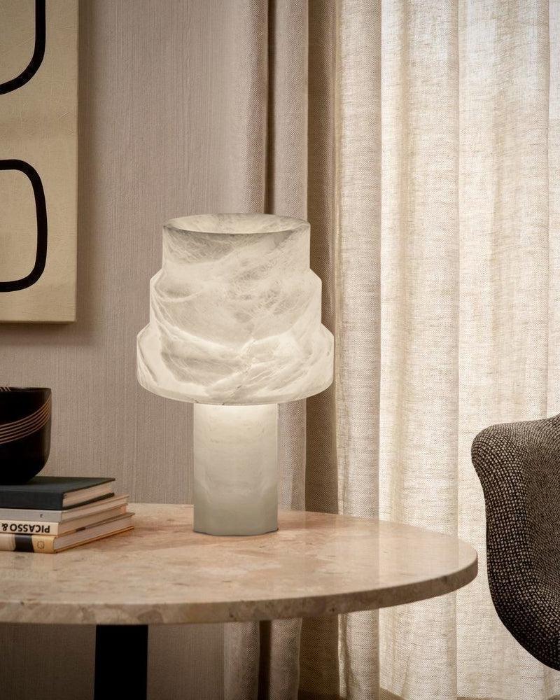 LightsStory Series Ethereal Table Lamp | Cylinder Solid Carved Natural Alabaster, Natural Stone Finish for Bedrooms, Living Rooms, and Offices Modern Table lamp