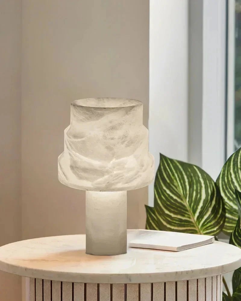 LightsStory Series Ethereal Table Lamp | Cylinder Solid Carved Natural Alabaster, Natural Stone Finish for Bedrooms, Living Rooms, and Offices Modern Table lamp