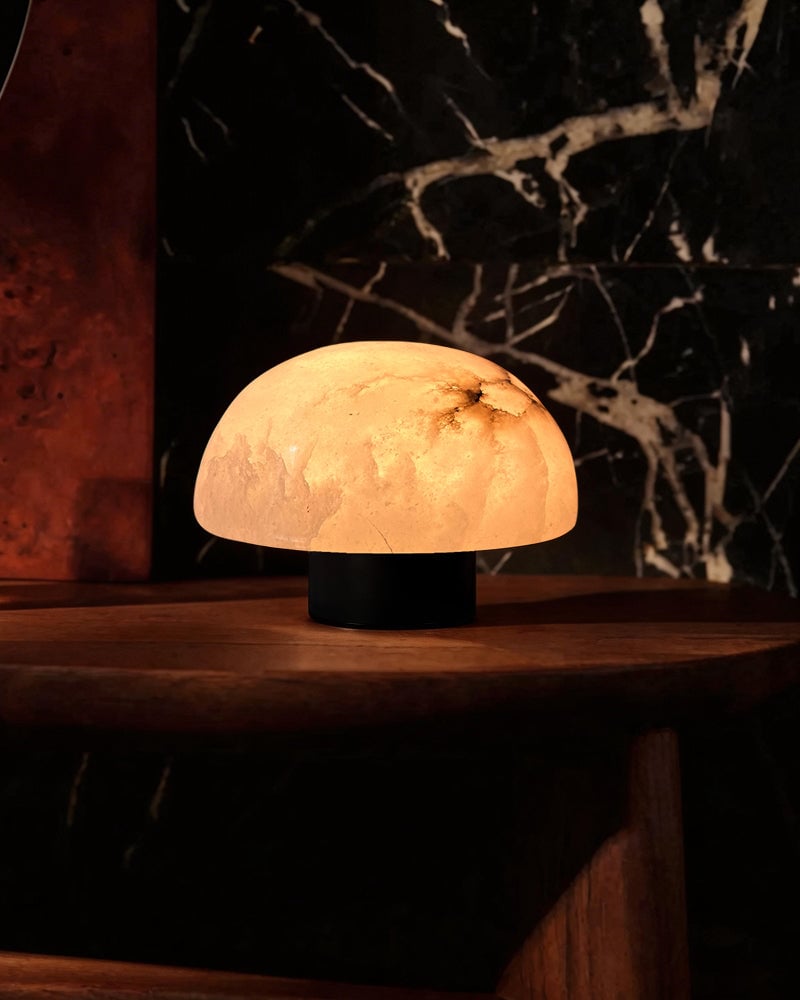 LightsStory Series Alabaster Mushroom Cap Table Lamp. Hand-Carved Natural Stone. Matte Black and Brass for Side Tables, Mantels, and Nightstands Modern Table lamp