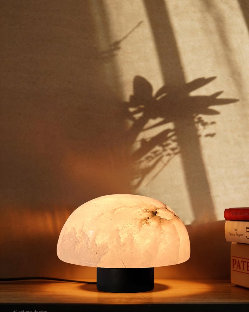 LightsStory Series Alabaster Mushroom Cap Table Lamp. Hand-Carved Natural Stone. Matte Black and Brass for Side Tables, Mantels, and Nightstands Modern Table lamp