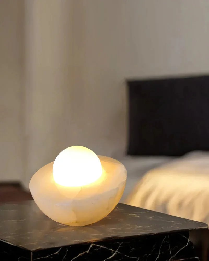 LightsStory Series Ethereal Table Lamp | Round Bowl Handcrafted Natural Solid Stone and Frosted Glass, Natural Stone Veining with Frosted Glass for Bedrooms, Nightstands, and Cozy Corners Modern Table lamp