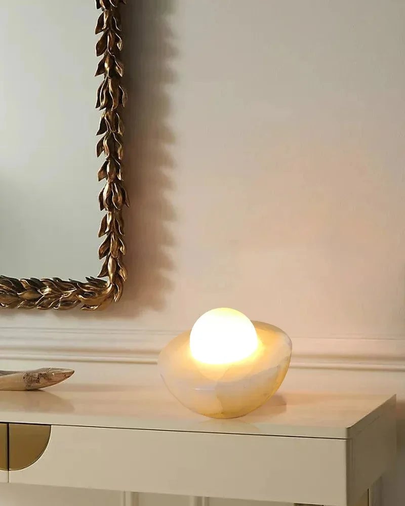 LightsStory Series Ethereal Table Lamp | Round Bowl Handcrafted Natural Solid Stone and Frosted Glass, Natural Stone Veining with Frosted Glass for Bedrooms, Nightstands, and Cozy Corners Modern Table lamp