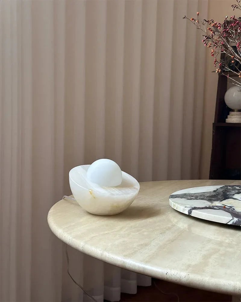 LightsStory Series Ethereal Table Lamp | Round Bowl Handcrafted Natural Solid Stone and Frosted Glass, Natural Stone Veining with Frosted Glass for Bedrooms, Nightstands, and Cozy Corners Modern Table lamp