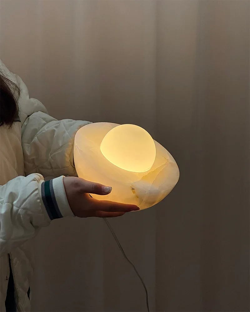 LightsStory Series Ethereal Table Lamp | Round Bowl Handcrafted Natural Solid Stone and Frosted Glass, Natural Stone Veining with Frosted Glass for Bedrooms, Nightstands, and Cozy Corners Modern Table lamp