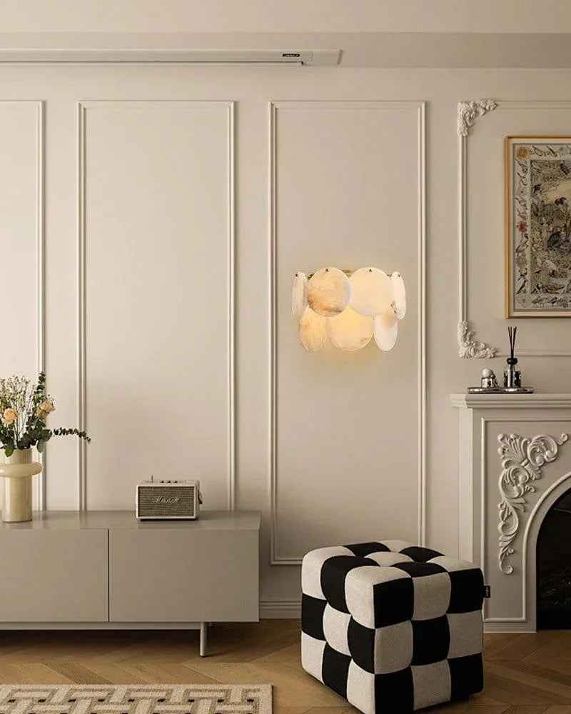 LightsStory Series Ethereal Wall Sconce | Flush Mount Shell Natural Spanish alabaster shell marble, Polished brass finish for Bedrooms and hallways Flush Mounted Wall Sconce Lamp