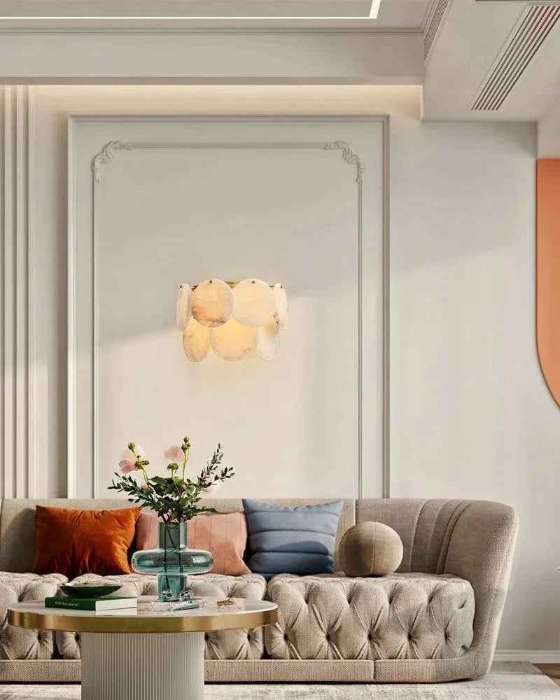 LightsStory Series Ethereal Wall Sconce | Flush Mount Shell Natural Spanish alabaster shell marble, Polished brass finish for Bedrooms and hallways Flush Mounted Wall Sconce Lamp