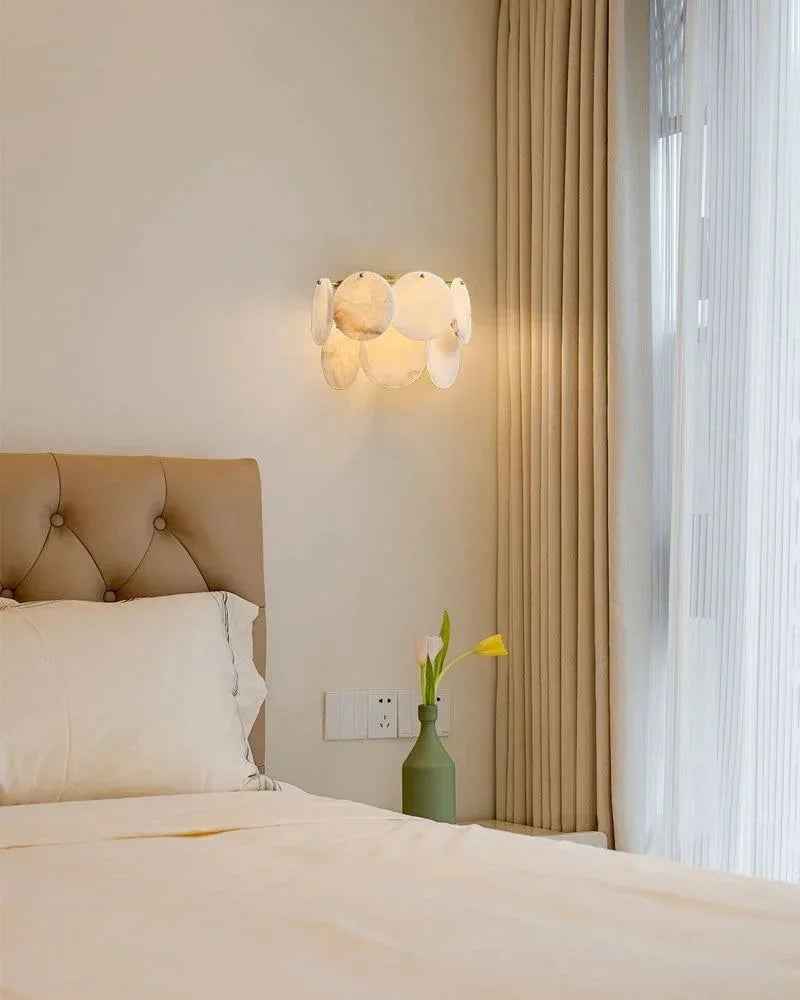 LightsStory Series Ethereal Wall Sconce | Flush Mount Shell Natural Spanish alabaster shell marble, Polished brass finish for Bedrooms and hallways Flush Mounted Wall Sconce Lamp