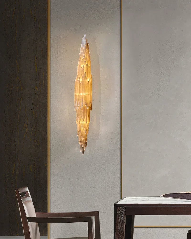 LightsStory Series Ethereal Wall Sconce | Linear Handcrafted Crystalline Gypsum Selenite, Modern Matte Black for Meditation Spaces and Luxury Living Areas Flush Mounted Wall Sconce Lamp
