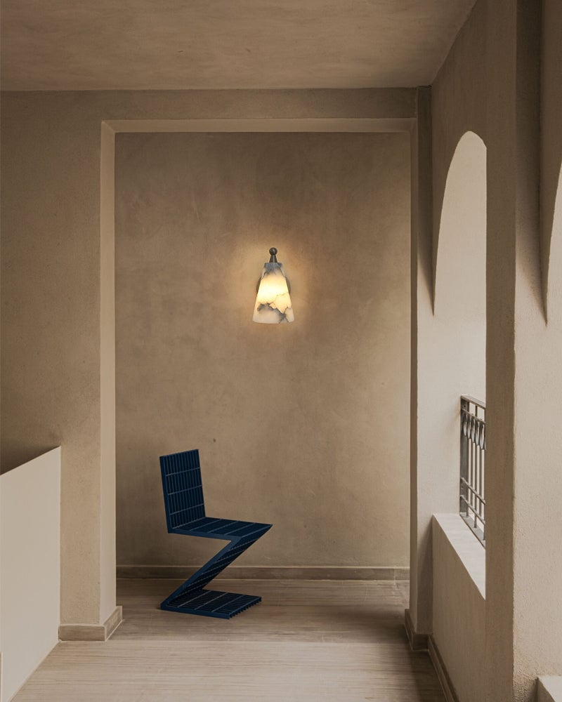 LightsStory Series Conical Hand-Carved Natural Alabaster Wall Sconce with Rich Golden Brass for Bedside, Hallways, and Bathroom Vanities Flush Mounted Wall Sconce Lamp