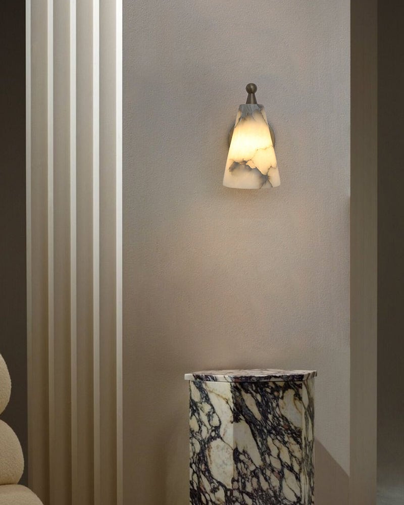 LightsStory Series Conical Hand-Carved Natural Alabaster Wall Sconce with Rich Golden Brass for Bedside, Hallways, and Bathroom Vanities Flush Mounted Wall Sconce Lamp