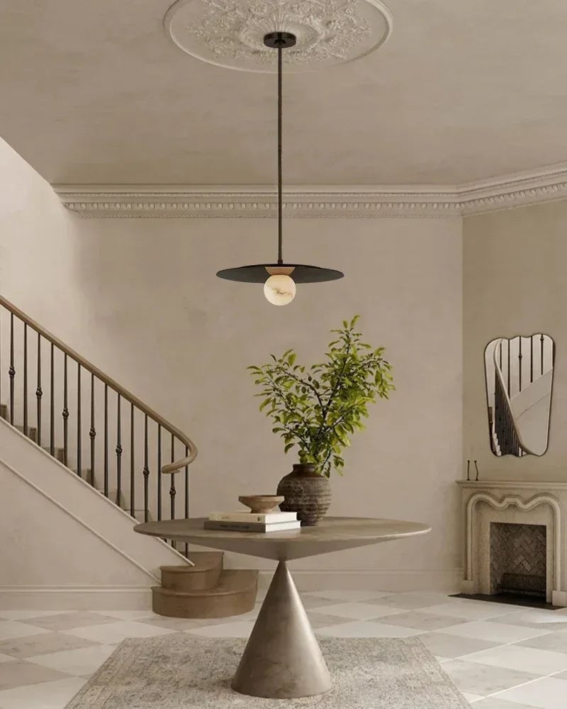 LightsStory Series Geometric Ceiling Light | Alabaster Globe Natural Alabaster Globe with Brass Disc Frame, Mirrored Black finish for Kitchen Islands, Dining Rooms, and Living Areas Modern Pendant lamp
