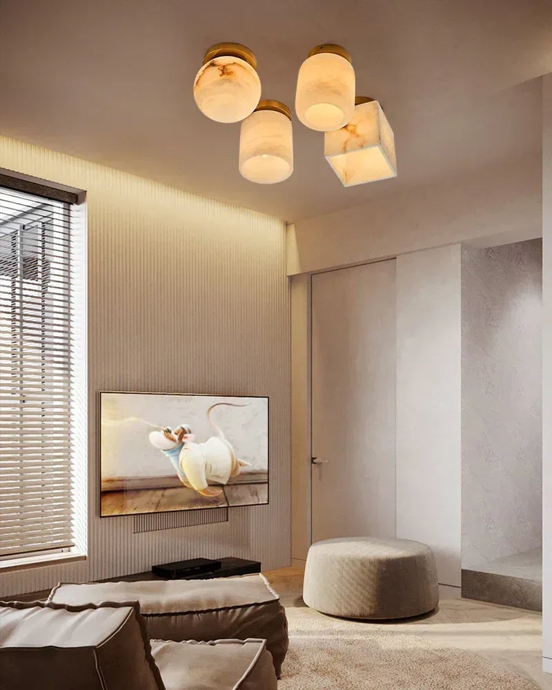 LightsStory Series Geometric Ceiling Light | Round Alabaster Orb and Square Brass Frame Genuine Alabaster with Polished Brass Frame, Polished Brass finish for Bedrooms, living rooms, and entryways Flush Mounted Ceiling Lamp