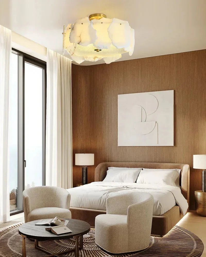 LightsStory Series Geometric Ceiling Light | Semi-Flush Mount Polished Brass and Smooth Marble-Textured Alabaster, Polished Brass finish for Entryways, Dining Rooms, and Living Areas Flush Mounted Ceiling Lamp