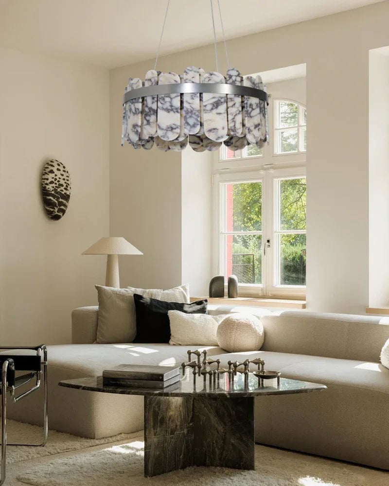 LightsStory Series Geometric Chandelier | Circular Frame Natural Spanish alabaster tiles with stainless steel frame, Brushed Gold, Silver, and Black for Living, dining, and bedroom spaces Luxury Modern Chandelier