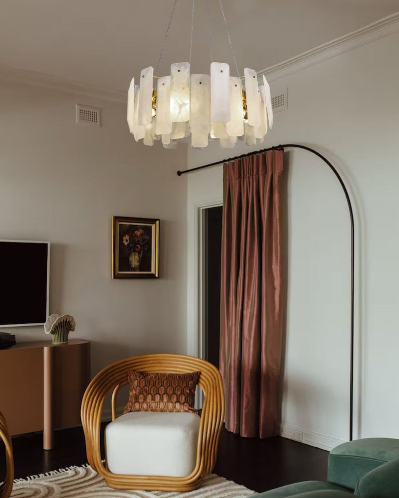LightsStory Series Geometric Chandelier | Circular Smooth Natural Alabaster, Brass and Black frame with copper accents for Living Rooms and Dining Spaces Luxury Modern Chandelier