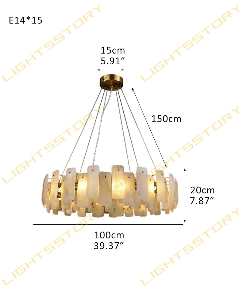 LightsStory Series Geometric Chandelier | Circular Smooth Natural Alabaster, Brass and Black frame with copper accents for Living Rooms and Dining Spaces 15-light-D100*H20CM D39.37"*H7.87" Luxury Modern Chandelier
