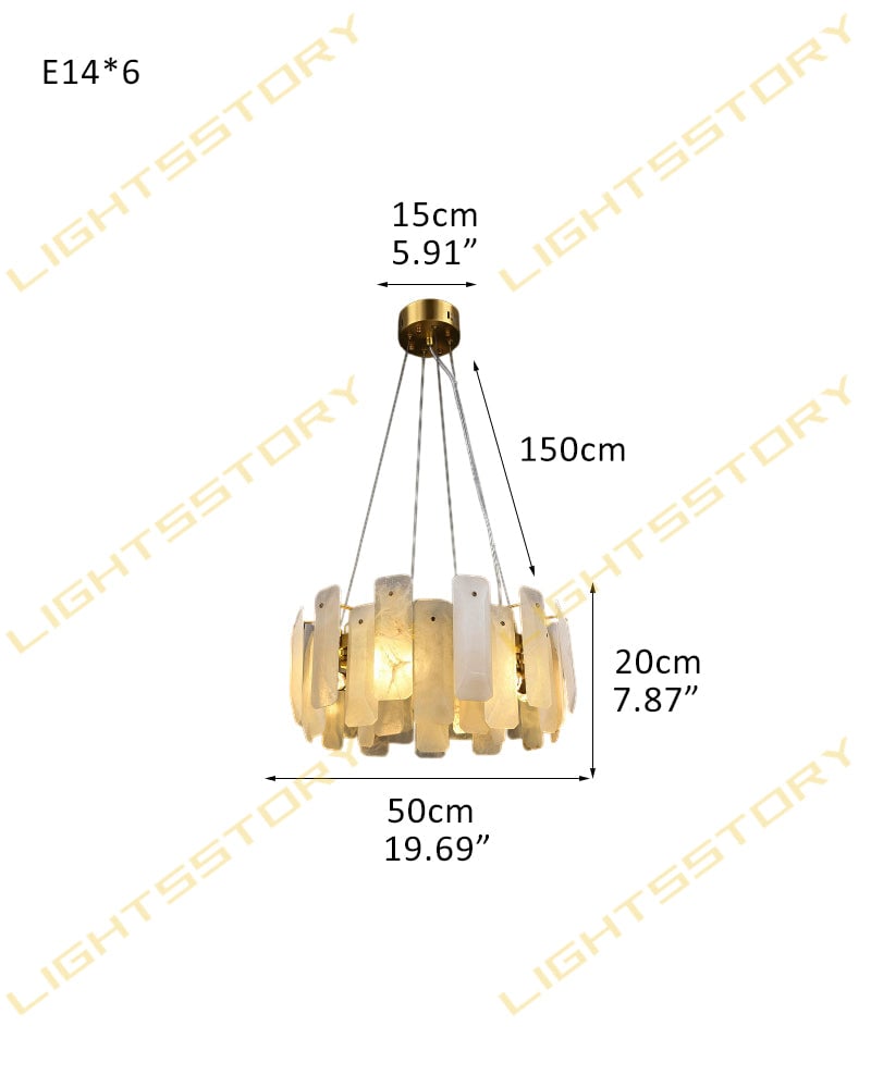 LightsStory Series Geometric Chandelier | Circular Smooth Natural Alabaster, Brass and Black frame with copper accents for Living Rooms and Dining Spaces 6-light-D50*H20CM D19.69"*H7.87" Luxury Modern Chandelier