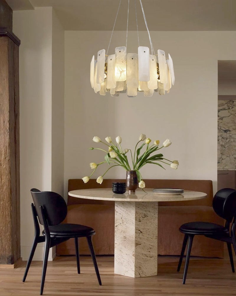 LightsStory Series Geometric Chandelier | Circular Smooth Natural Alabaster, Brass and Black frame with copper accents for Living Rooms and Dining Spaces Luxury Modern Chandelier