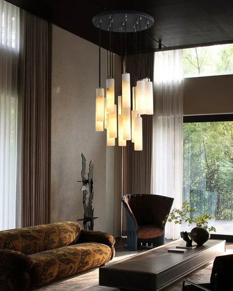 LightsStory Series Geometric Chandelier | Cylinder Cluster Natural White Marble with Unique Veining, Custom Brass finish for Modern bedrooms, living rooms, and grand halls Modern Pendant lamp