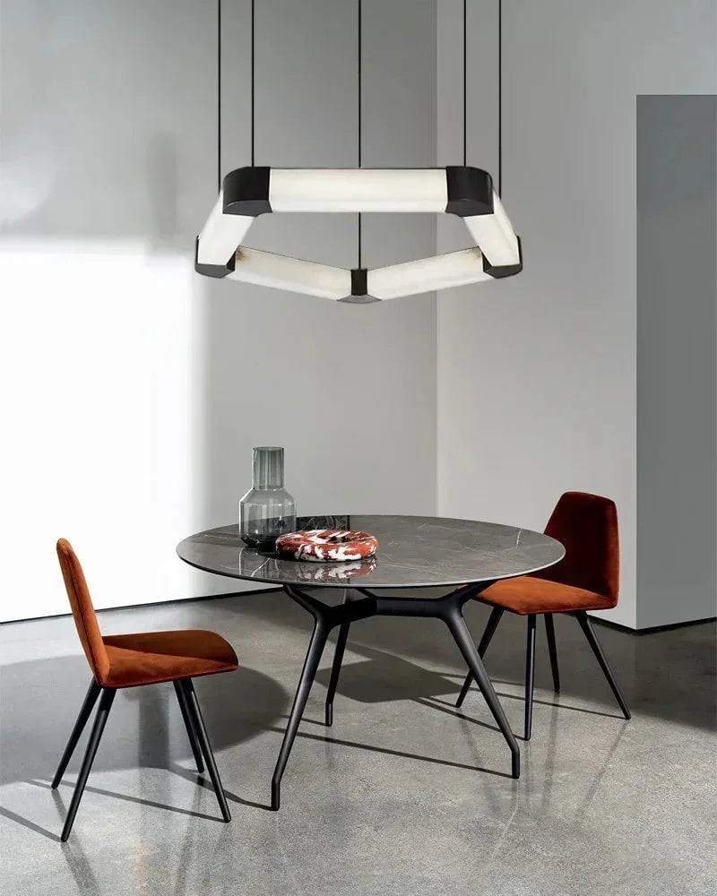 LightsStory Series Geometric Chandelier | Double Pentagons Ring Natural Alabaster and Polished Stainless Steel, Polished Stainless Steel finish for Dining rooms, lobbies, or offices American Vintage chandelier lamp