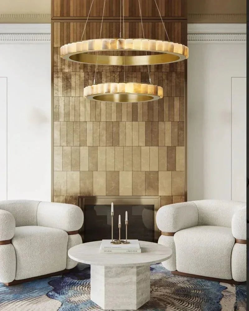 LightsStory Series Geometric Chandelier | Double Ring Natural Alabaster Columns and Sustainable Marble, Black and Gold Metal for Entryways and Dining Areas American chandelier