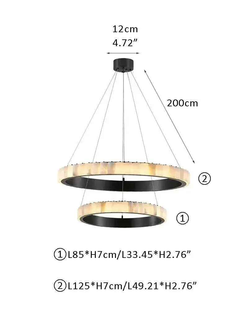 LightsStory Series Geometric Chandelier | Double Ring Natural Alabaster Columns and Sustainable Marble, Black and Gold Metal for Entryways and Dining Areas 2 Tier-D85*7+D125*7CM D33.46*H2.76"+D49.21*H2.76" White + Black American chandelier