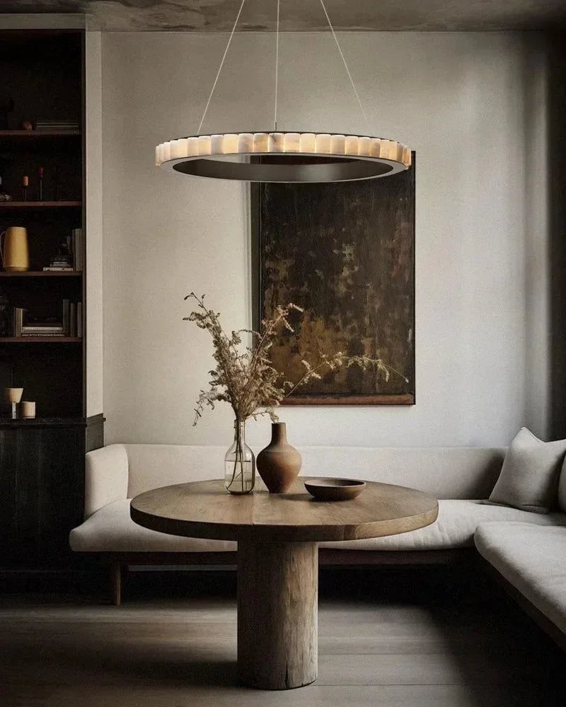 LightsStory Series Geometric Chandelier | Double Ring Natural Alabaster Columns and Sustainable Marble, Black and Gold Metal for Entryways and Dining Areas American chandelier