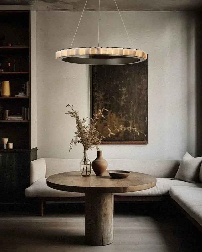 LightsStory Series Geometric Chandelier | Double Ring Natural Alabaster Columns and Sustainable Marble, Black and Gold Metal for Entryways and Dining Areas American chandelier