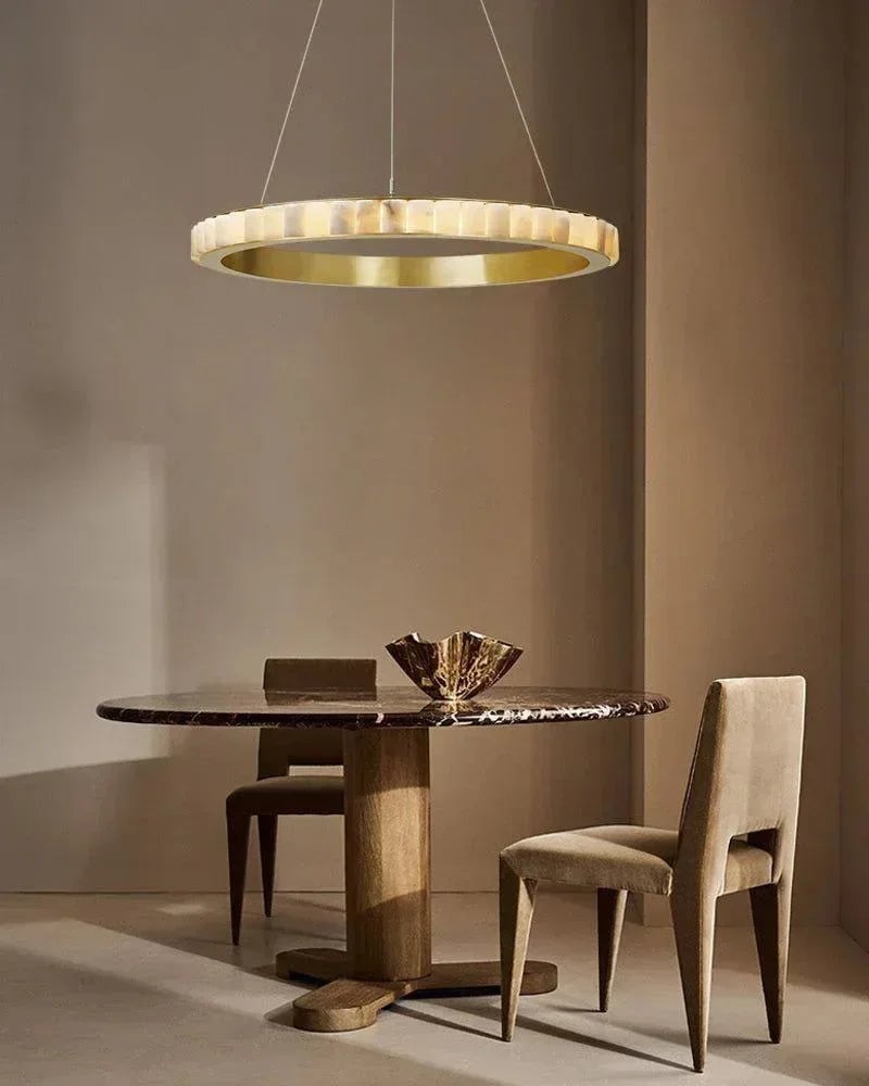 LightsStory Series Geometric Chandelier | Double Ring Natural Alabaster Columns and Sustainable Marble, Black and Gold Metal for Entryways and Dining Areas American chandelier